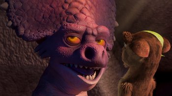 Movie still from “The Ice Age Adventures of Buck Wild” (2022), directed by John C. Donkin – An animated creature with yellow eyes and a purple face; Close Up shot, Over the shoulder angle