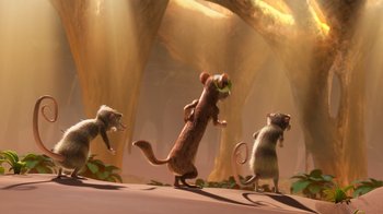 Movie still from “The Ice Age Adventures of Buck Wild” (2022), directed by John C. Donkin – A group of mice running around in a forest; Wide shot, Low angle