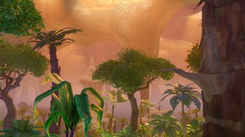 Movie still from “The Ice Age Adventures of Buck Wild” (2022), directed by John C. Donkin – An image of an image of a tree in the middle of the jungle; Extreme Wide shot, High angle