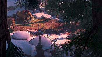 Movie still from “The Ice Age Adventures of Buck Wild” (2022), directed by John C. Donkin – An image of an animal in the woods; Extreme Wide shot, Overhead angle