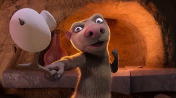 Movie still from “The Ice Age Adventures of Buck Wild” (2022), directed by John C. Donkin – An animated character is holding a bottle of wine in his hand; Medium shot, Low angle