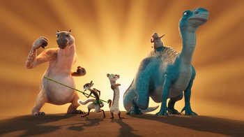 Movie still from “The Ice Age Adventures of Buck Wild” (2022), directed by John C. Donkin – A group of animals standing next to each other on top of a beach; Wide shot, Low angle