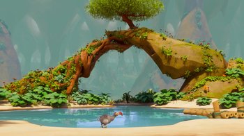 Movie still from “The Ice Age Adventures of Buck Wild” (2022), directed by John C. Donkin – An animated scene of a bird swimming in a pool; Extreme Wide shot, High angle