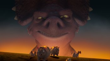 Movie still from “The Ice Age Adventures of Buck Wild” (2022), directed by John C. Donkin – An image of an animated character with a bunch of animals in front of him; Wide shot, Low angle