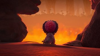 Movie still from “The Ice Age Adventures of Buck Wild” (2022), directed by John C. Donkin – An image of an animated creature in a desert setting; Extreme Wide shot, High angle