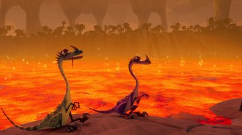 Movie still from “The Ice Age Adventures of Buck Wild” (2022), directed by John C. Donkin – A couple of dragons that are sitting in the dirt; Wide shot, High angle