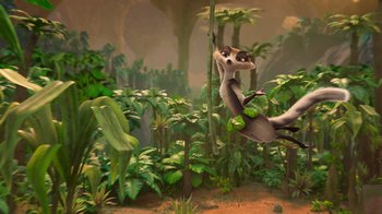 Movie still from “The Ice Age Adventures of Buck Wild” (2022), directed by John C. Donkin – An animated scene of an animal hanging from a tree branch; Wide shot, Low angle