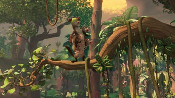 Movie still from “The Ice Age Adventures of Buck Wild” (2022), directed by John C. Donkin – A couple of animals sitting on top of a tree branch; Wide shot, Low angle