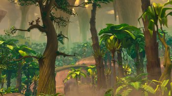 Movie still from “The Ice Age Adventures of Buck Wild” (2022), directed by John C. Donkin – An image of a jungle setting with trees and plants; Extreme Wide shot, High angle