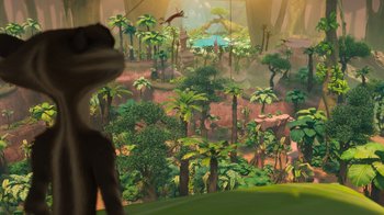 Movie still from “The Ice Age Adventures of Buck Wild” (2022), directed by John C. Donkin – An image of an animal in a jungle setting; Extreme Wide shot, High angle