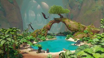 Movie still from “The Ice Age Adventures of Buck Wild” (2022), directed by John C. Donkin – An image of an animated scene with animals in the water; Extreme Wide shot, High angle