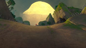 Movie still from “The Ice Age Adventures of Buck Wild” (2022), directed by John C. Donkin – An image of an animated scene with a person in the background; Extreme Wide shot, High angle