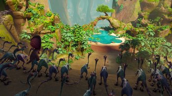 Movie still from “The Ice Age Adventures of Buck Wild” (2022), directed by John C. Donkin – A group of birds walking around a pool of water; Extreme Wide shot, High angle