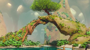 Movie still from “The Ice Age Adventures of Buck Wild” (2022), directed by John C. Donkin – An image of an animated scene with a tree and a river; Extreme Wide shot, High angle