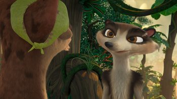 Movie still from “The Ice Age Adventures of Buck Wild” (2022), directed by John C. Donkin – A couple of animals standing next to each other in a forest; Close Up shot, Over the shoulder angle