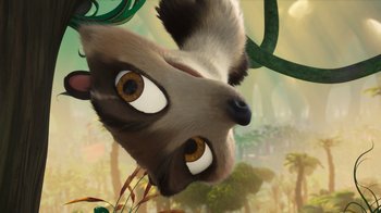Movie still from “The Ice Age Adventures of Buck Wild” (2022), directed by John C. Donkin – An animal with big brown eyes hanging from a branch; Close Up shot, Overhead angle