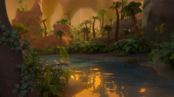 Movie still from “The Ice Age Adventures of Buck Wild” (2022), directed by John C. Donkin – An artistic rendering of a tropical setting with a pond and palm trees in the background; Extreme Wide shot, High angle