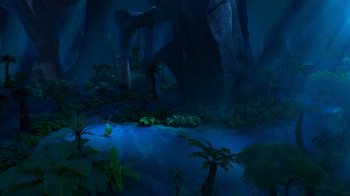Movie still from “The Ice Age Adventures of Buck Wild” (2022), directed by John C. Donkin – An image of an animated scene in the dark; Extreme Wide shot, High angle