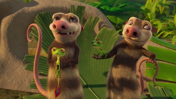 Movie still from “The Ice Age Adventures of Buck Wild” (2022), directed by John C. Donkin – A couple of monkeys standing next to each other on top of leaves; Medium shot, Low angle