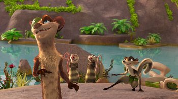 Movie still from “The Ice Age Adventures of Buck Wild” (2022), directed by John C. Donkin – A group of mice standing next to each other on a beach; Wide shot, Low angle