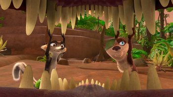 Movie still from “The Ice Age Adventures of Buck Wild” (2022), directed by John C. Donkin – A couple of animals standing next to each other in a cave; Wide shot, High angle