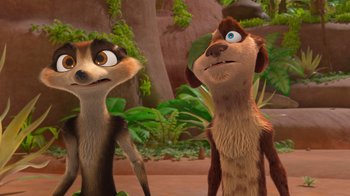 Movie still from “The Ice Age Adventures of Buck Wild” (2022), directed by John C. Donkin – A couple of animals standing next to each other on top of a field; Close Up shot, Low angle