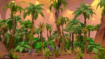 Movie still from “The Ice Age Adventures of Buck Wild” (2022), directed by John C. Donkin – An image of an animated jungle with trees and plants; Extreme Wide shot, High angle