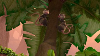 Movie still from “The Ice Age Adventures of Buck Wild” (2022), directed by John C. Donkin – Two monkeys are sitting on a tree in a jungle; Wide shot, High angle