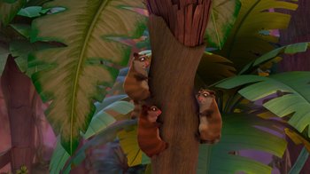 Movie still from “The Ice Age Adventures of Buck Wild” (2022), directed by John C. Donkin – A group of bears climbing up a tall tree; Wide shot, High angle