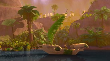 Movie still from “The Ice Age Adventures of Buck Wild” (2022), directed by John C. Donkin – An artistic rendering of a banana boat in a tropical setting; Extreme Wide shot, High angle