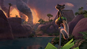 Movie still from “The Ice Age Adventures of Buck Wild” (2022), directed by John C. Donkin – An animated scene of a river and a forest; Extreme Wide shot, Low angle