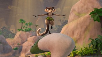 Movie still from “The Ice Age Adventures of Buck Wild” (2022), directed by John C. Donkin – An animated monkey standing on top of an animal; Wide shot, Low angle