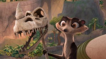 Movie still from “The Ice Age Adventures of Buck Wild” (2022), directed by John C. Donkin – An animal standing in front of a dinosaur skeleton; Close Up shot, Low angle