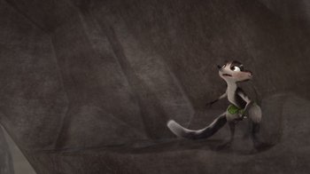 Movie still from “The Ice Age Adventures of Buck Wild” (2022), directed by John C. Donkin – A stuffed animal that is running in the dark; Wide shot, High angle