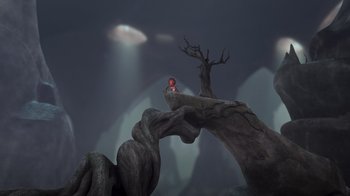 Movie still from “The Ice Age Adventures of Buck Wild” (2022), directed by John C. Donkin – A bird sitting on top of a tree branch; Extreme Wide shot, High angle