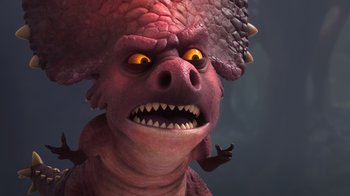 Movie still from “The Ice Age Adventures of Buck Wild” (2022), directed by John C. Donkin – The head of an animated character; Close Up shot, High angle