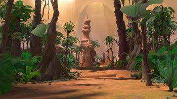 Movie still from “The Ice Age Adventures of Buck Wild” (2022), directed by John C. Donkin – An image of an animated jungle scene; Extreme Wide shot, High angle