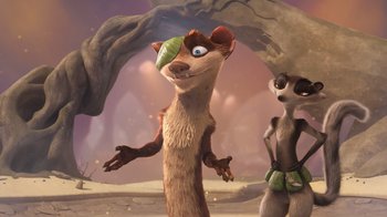 Movie still from “The Ice Age Adventures of Buck Wild” (2022), directed by John C. Donkin – An animated scene of a mouse and a rat; Medium shot, Low angle