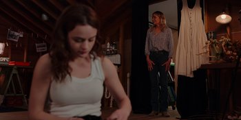 Movie still from “The In Between” (2022), directed by Arie Posin – A woman standing in front of another woman in a room; Wide shot, Over the shoulder angle