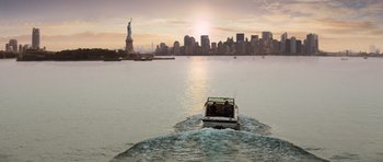 Movie still from “The Incredible Hulk” (2008), directed by Louis Leterrier – A boat traveling across a large body of water; Extreme Wide shot, High angle
