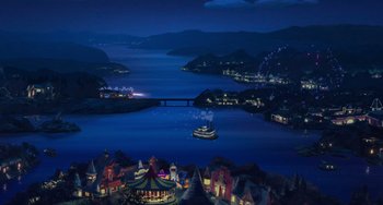 Movie still from “The Jungle Book” (2016), directed by Jon Favreau – A painting of a boat on a river at night; Extreme Wide shot, High angle