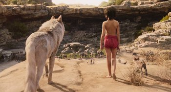 Movie still from “The Jungle Book” (2016), directed by Jon Favreau – A boy and a dog are standing in the sand; Wide shot, High angle
