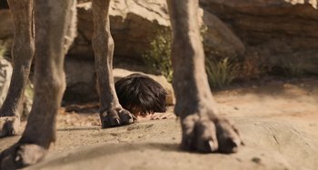 Movie still from “The Jungle Book” (2016), directed by Jon Favreau – A man is laying down on the ground with his head on the ground; Wide shot, High angle