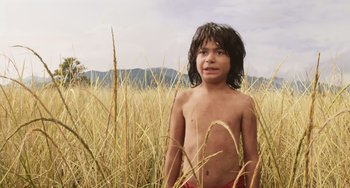 Movie still from “The Jungle Book” (2016), directed by Jon Favreau – A young boy standing in a field of tall grass; Medium shot, Low angle