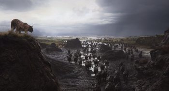 Movie still from “The Jungle Book” (2016), directed by Jon Favreau – A herd of elephants walking across a muddy river; Extreme Wide shot, High angle