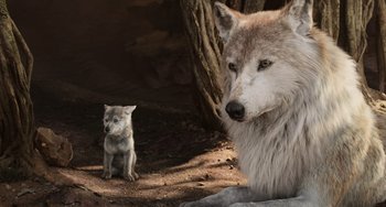 Movie still from “The Jungle Book” (2016), directed by Jon Favreau – A wolf and its cub in a den; Wide shot, Low angle