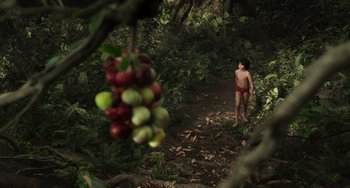 Movie still from “The Jungle Book” (2016), directed by Jon Favreau – A young boy is walking through the woods; Wide shot, High angle