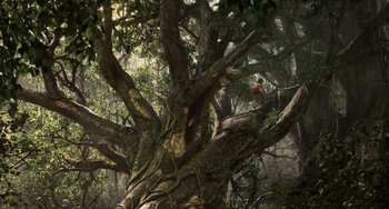 Movie still from “The Jungle Book” (2016), directed by Jon Favreau – A man standing on top of a tree in a wooded area; Extreme Wide shot, Low angle