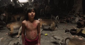 Movie still from “The Jungle Book” (2016), directed by Jon Favreau – A young boy standing in front of a group of animals; Medium shot, High angle