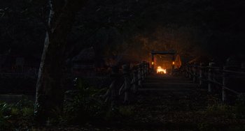 Movie still from “The Jungle Book” (2016), directed by Jon Favreau – A fire is burning in the background of a dark forest at night; Extreme Wide shot, High angle